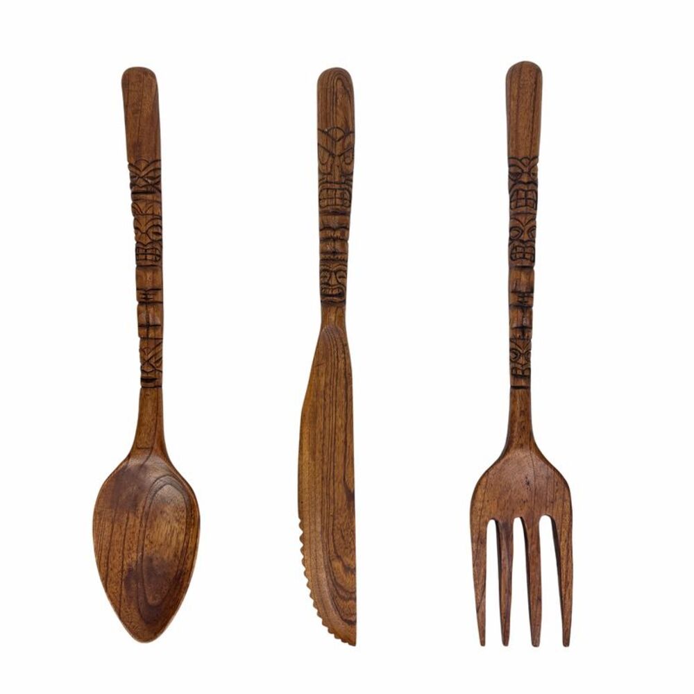 Tiki Carved Wood Wall Cutlery Set Spoon Fork Knife 24 Inch Kitchen Decor